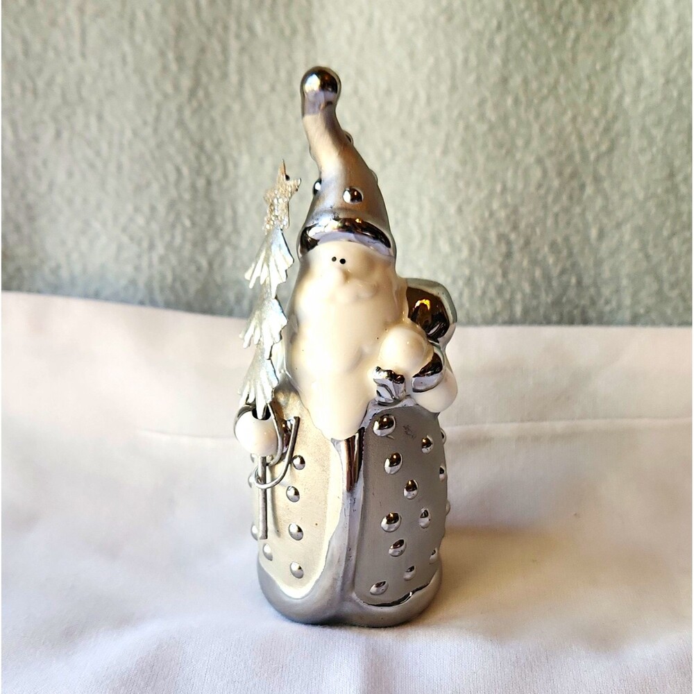 Pier 1 Imports Santa Pere Noel Porcelain Figurine Original Box Silver White 4.25